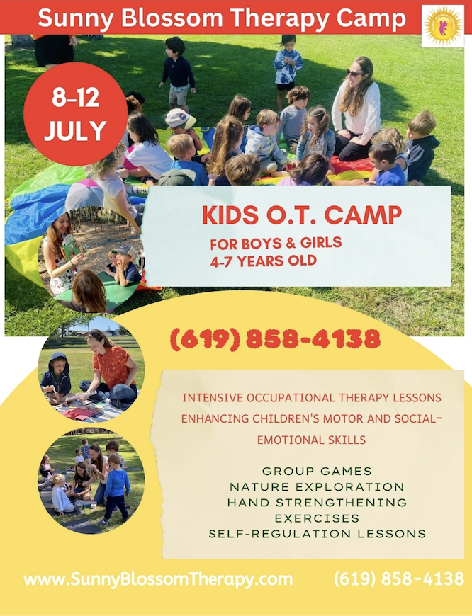 Flyer for the Sunny Blossom Therapy Camp. The flyer includes information regarding the camp and photos of children at the camp. 